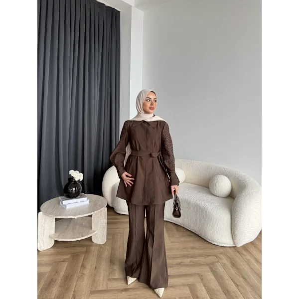 Fuş - Lisor Kol Taş Detay Takım - Kahve