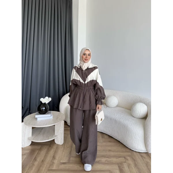 Pwn - Hanly Çizgi Detaylı Modal Takım - Kahve