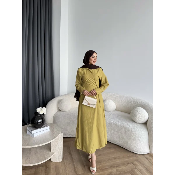 Tb - Havan Çapraz Elbise - Yağ Yeşil