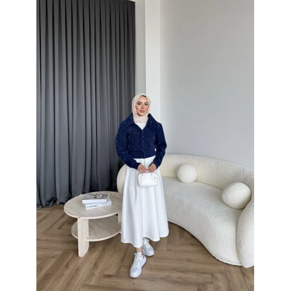 Boncuk Detaylı Mini Hırka - Lacivert