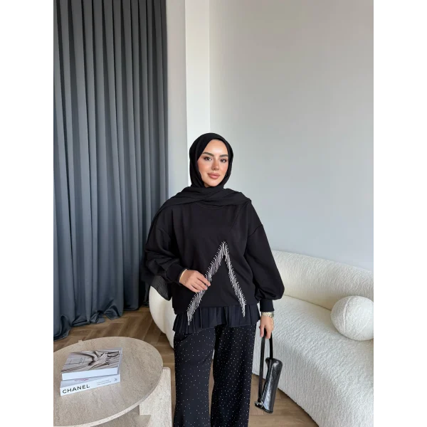 Ela Taş Detaylı Sweat - Siyah