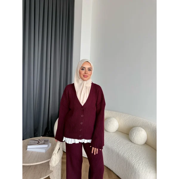 Elenor Düğmeli Triko Takım - Bordo