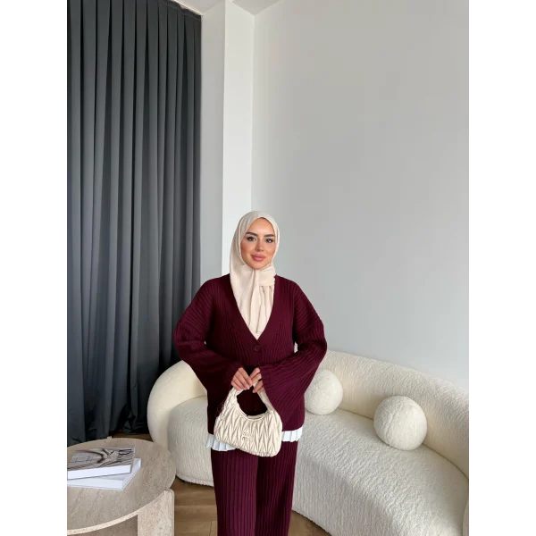 Elenor Düğmeli Triko Takım - Bordo