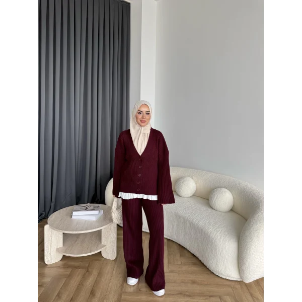 Elenor Düğmeli Triko Takım - Bordo
