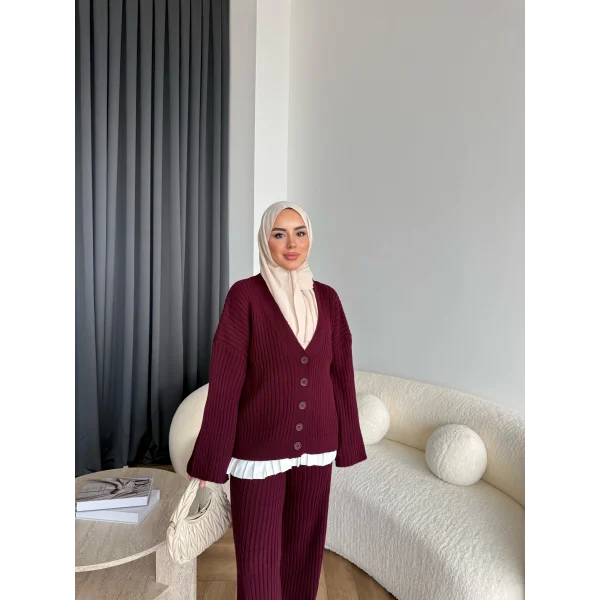 Elenor Düğmeli Triko Takım - Bordo