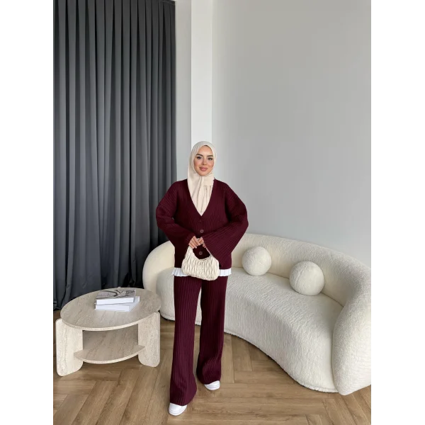 Elenor Düğmeli Triko Takım - Bordo
