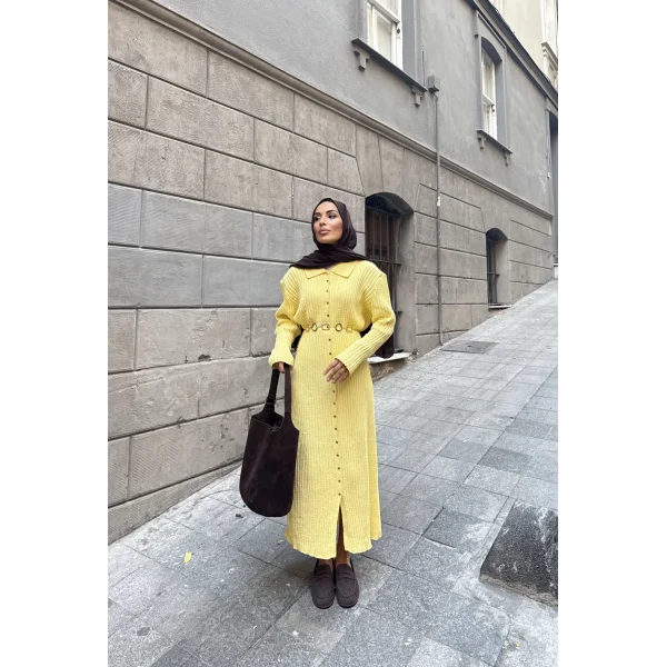 Evsa Mini Gold Düğmeli Elbise - Sarı
