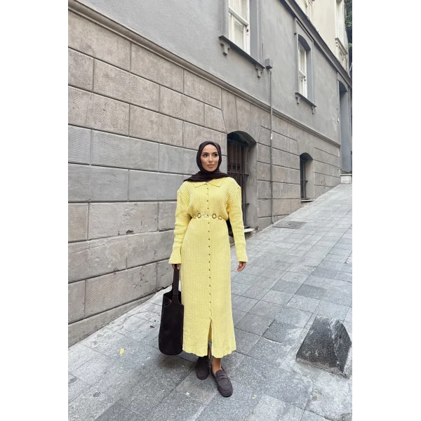 Evsa Mini Gold Düğmeli Elbise - Sarı