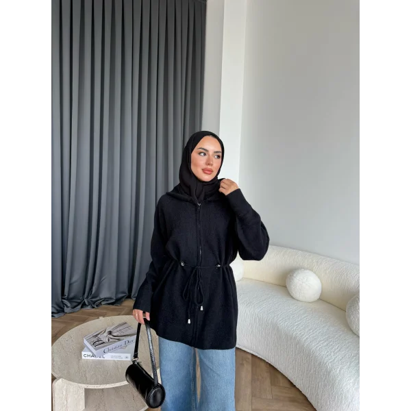 Eyla Fermuarlı Hırka - Siyah