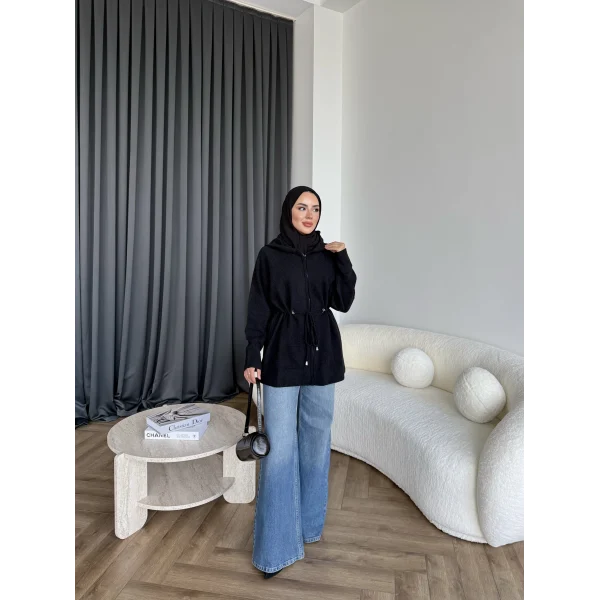 Eyla Fermuarlı Hırka - Siyah