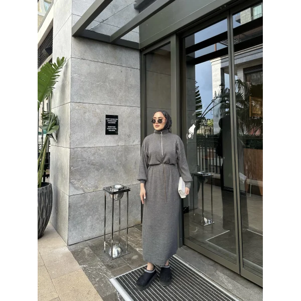 Fermuar Detaylı Triko Elbise - Gri