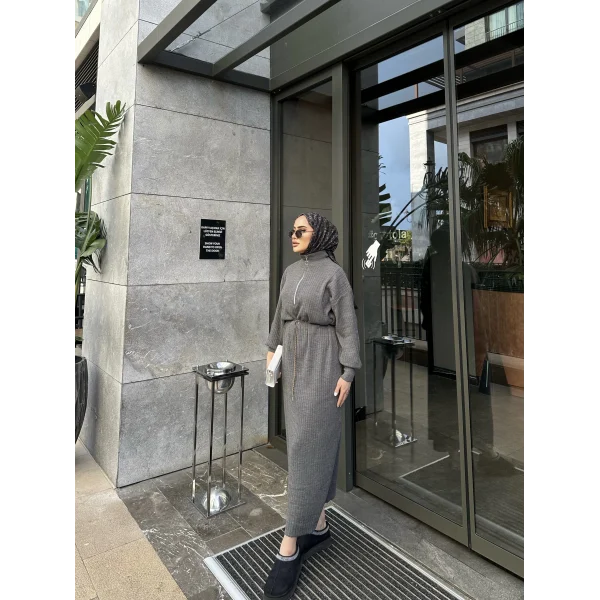 Fermuar Detaylı Triko Elbise - Gri
