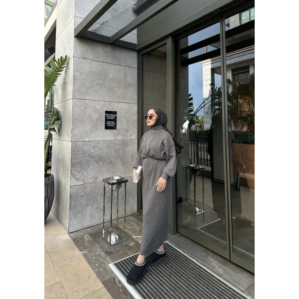 Fermuar Detaylı Triko Elbise - Gri