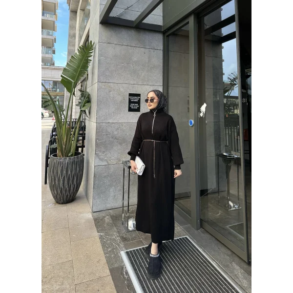 Fermuar Detaylı Triko Elbise - Siyah