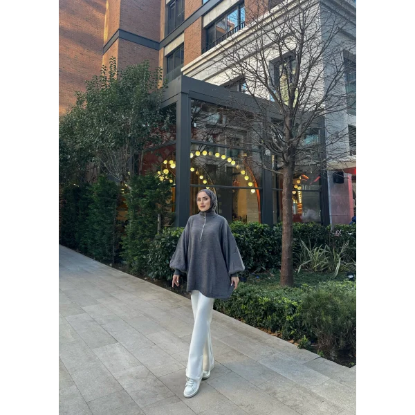 Fermuarlı Sweat Model Triko Kazak - Gri