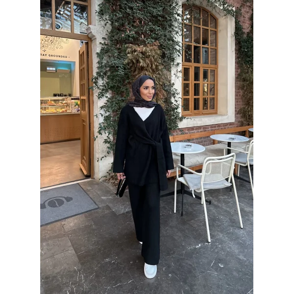 Fireya Bağlamalı Triko Takım - Siyah