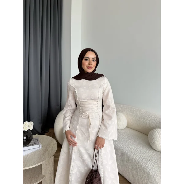 Fuş - Birit Bağlamalı Dantel Elbise - Bej