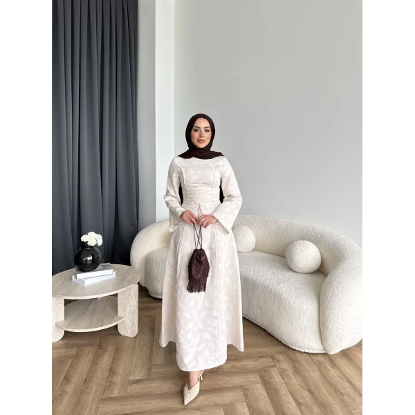 Fuş - Birit Bağlamalı Dantel Elbise - Bej