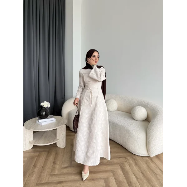 Fuş - Birit Bağlamalı Dantel Elbise - Bej