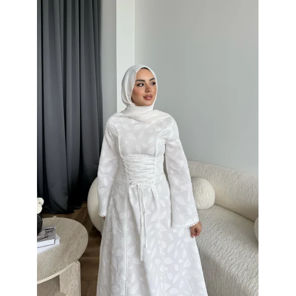 Fuş - Birit Bağlamalı Dantel Elbise - Beyaz