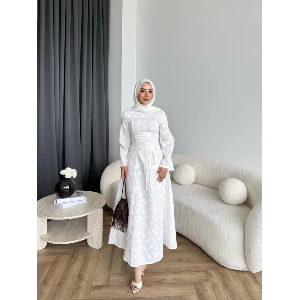 Fuş - Birit Bağlamalı Dantel Elbise - Beyaz