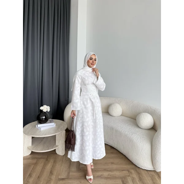 Fuş - Birit Bağlamalı Dantel Elbise - Beyaz