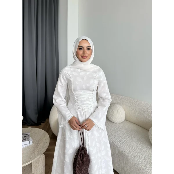 Fuş - Birit Bağlamalı Dantel Elbise - Beyaz