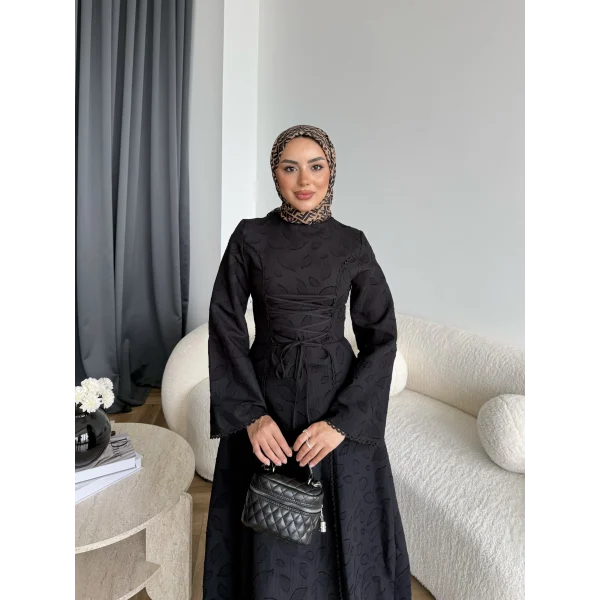 Fuş - Birit Bağlamalı Dantel Elbise - Siyah