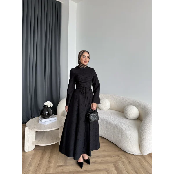 Fuş - Birit Bağlamalı Dantel Elbise - Siyah