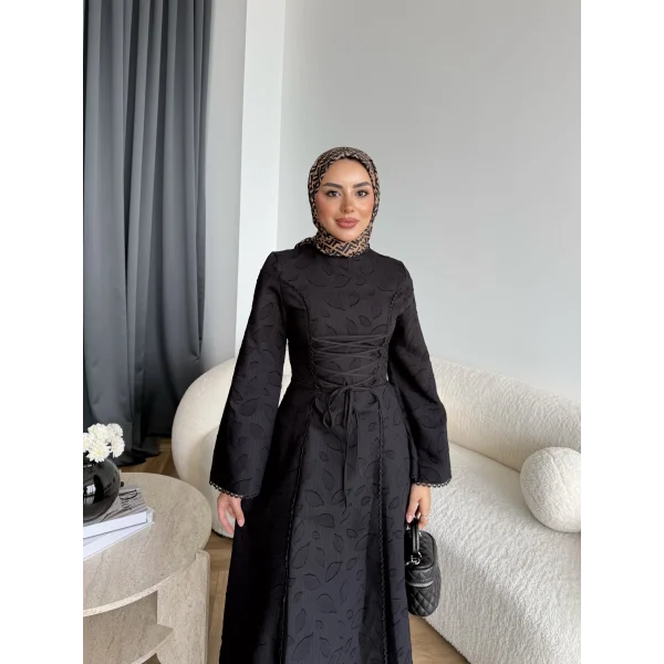 Fuş - Birit Bağlamalı Dantel Elbise - Siyah