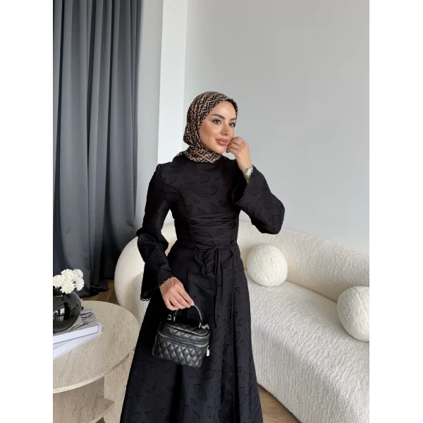 Fuş - Birit Bağlamalı Dantel Elbise - Siyah