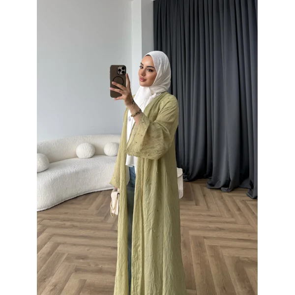Fuş - Esra Taşlı Şal Hediye Abaya - Yağ Yeşili