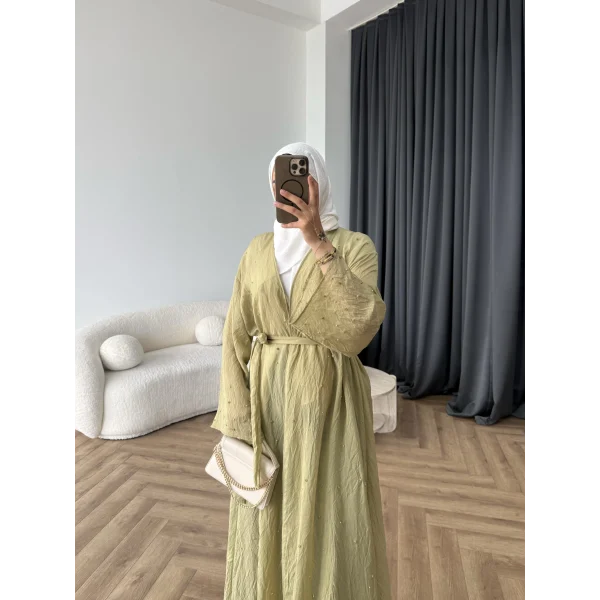 Fuş - Esra Taşlı Şal Hediye Abaya - Yağ Yeşili