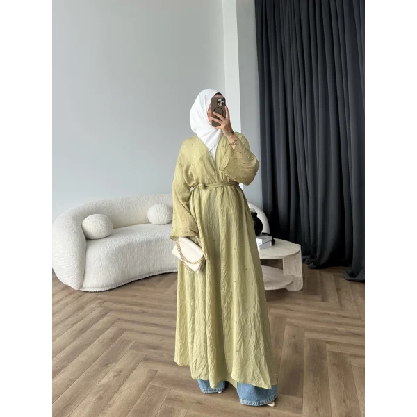 Fuş - Esra Taşlı Şal Hediye Abaya - Yağ Yeşili