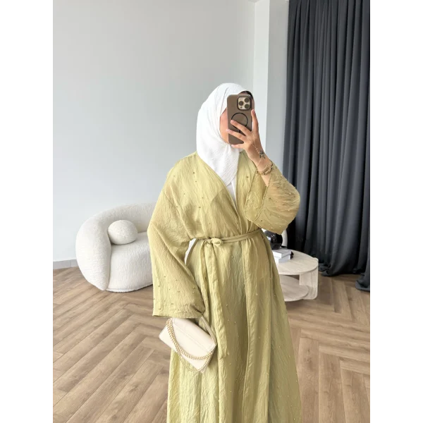 Fuş - Esra Taşlı Şal Hediye Abaya - Yağ Yeşili