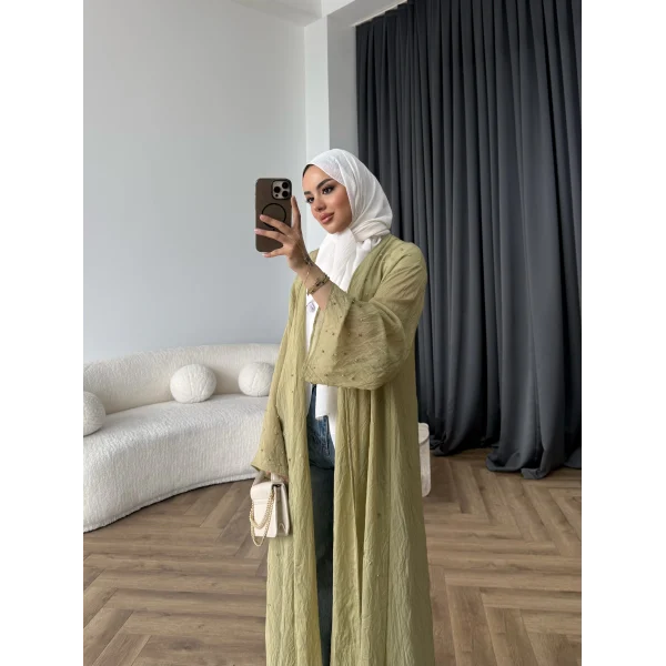 Fuş - Esra Taşlı Şal Hediye Abaya - Yağ Yeşili