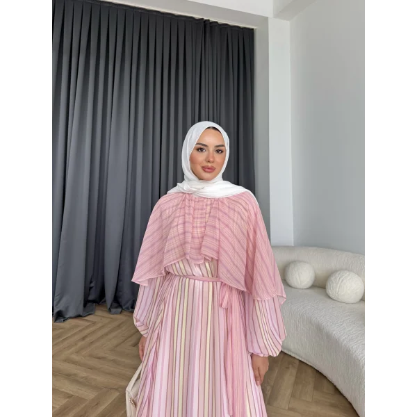Fuş - Liya Çizgili Yaka Detay Elbise - Açık Pembe
