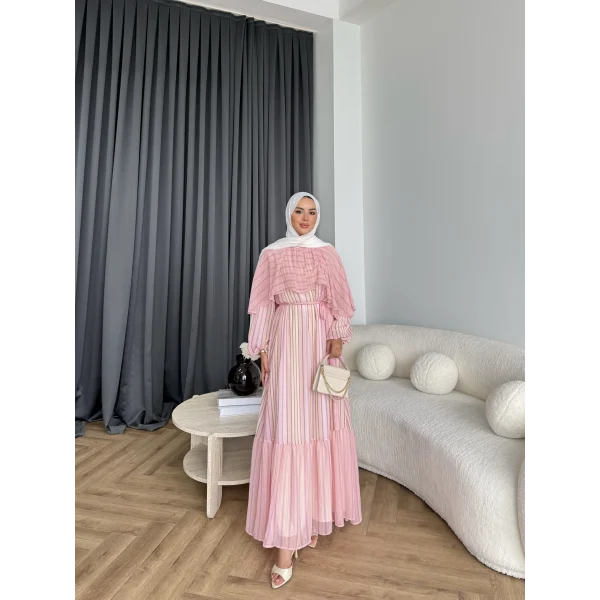 Fuş - Liya Çizgili Yaka Detay Elbise - Açık Pembe