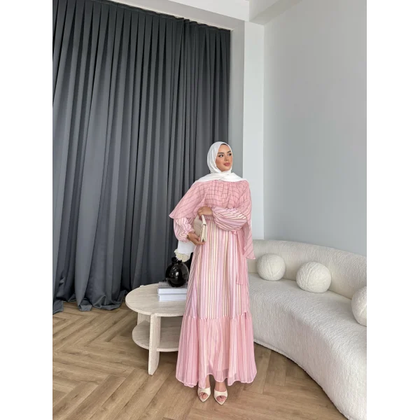 Fuş - Liya Çizgili Yaka Detay Elbise - Açık Pembe