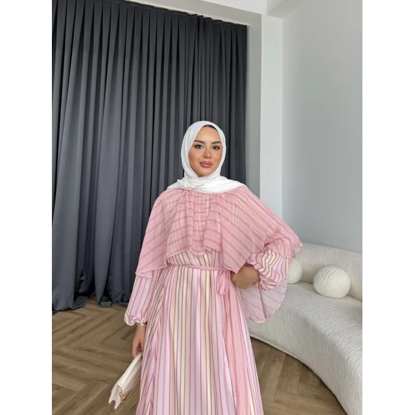 Fuş - Liya Çizgili Yaka Detay Elbise - Açık Pembe