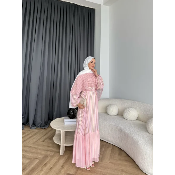 Fuş - Liya Çizgili Yaka Detay Elbise - Açık Pembe