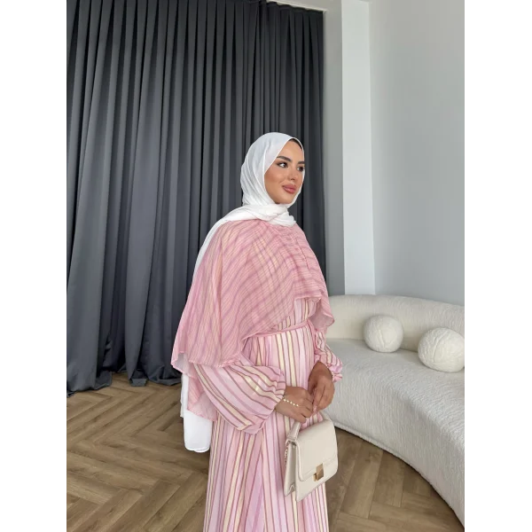 Fuş - Liya Çizgili Yaka Detay Elbise - Açık Pembe