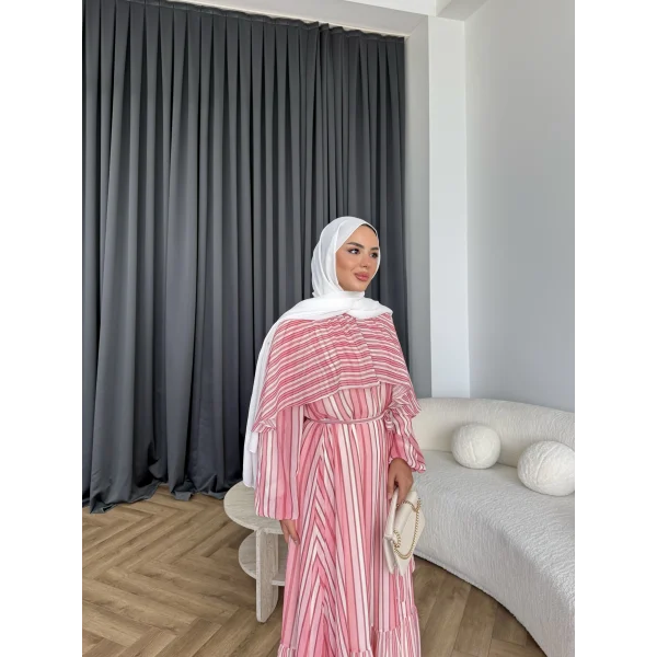 Fuş - Liya Çizgili Yaka Detay Elbise - Koyu Pembe