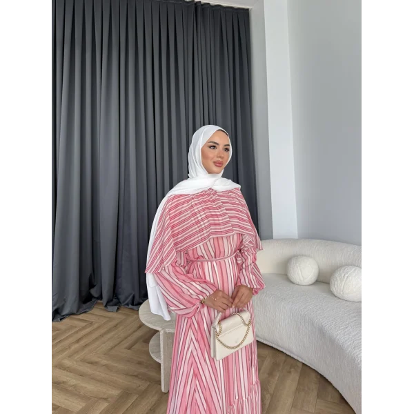 Fuş - Liya Çizgili Yaka Detay Elbise - Koyu Pembe