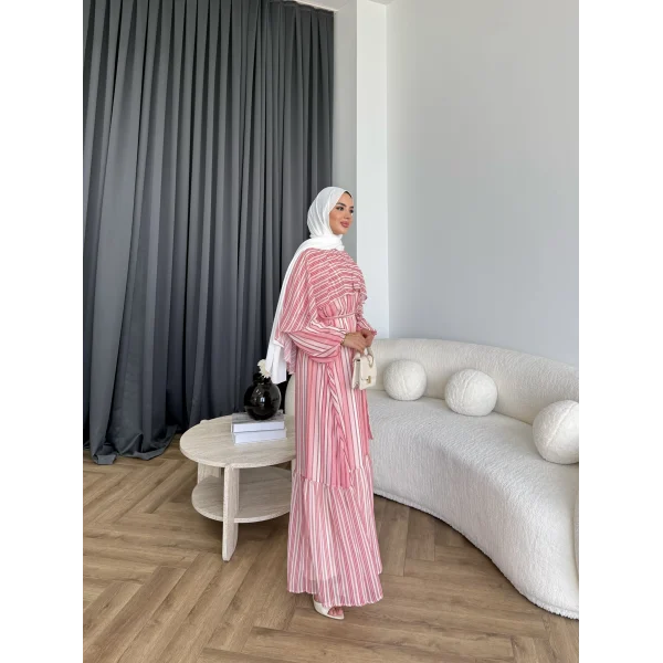 Fuş - Liya Çizgili Yaka Detay Elbise - Koyu Pembe