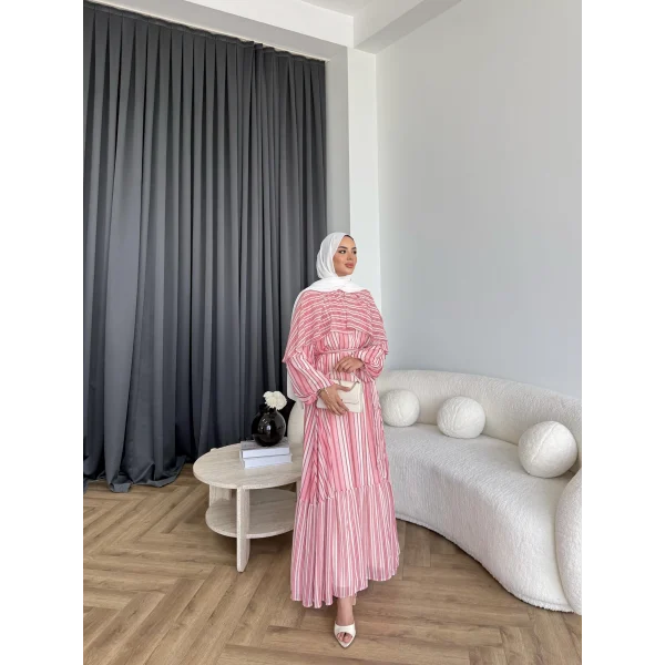 Fuş - Liya Çizgili Yaka Detay Elbise - Koyu Pembe