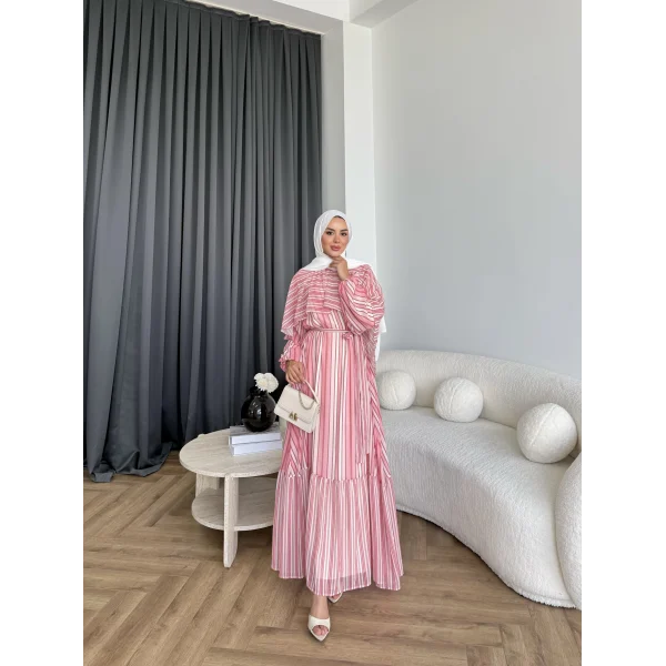 Fuş - Liya Çizgili Yaka Detay Elbise - Koyu Pembe