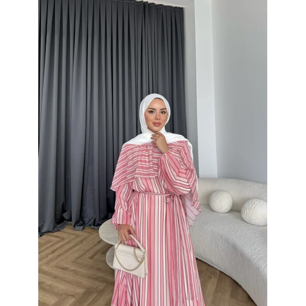 Fuş - Liya Çizgili Yaka Detay Elbise - Koyu Pembe