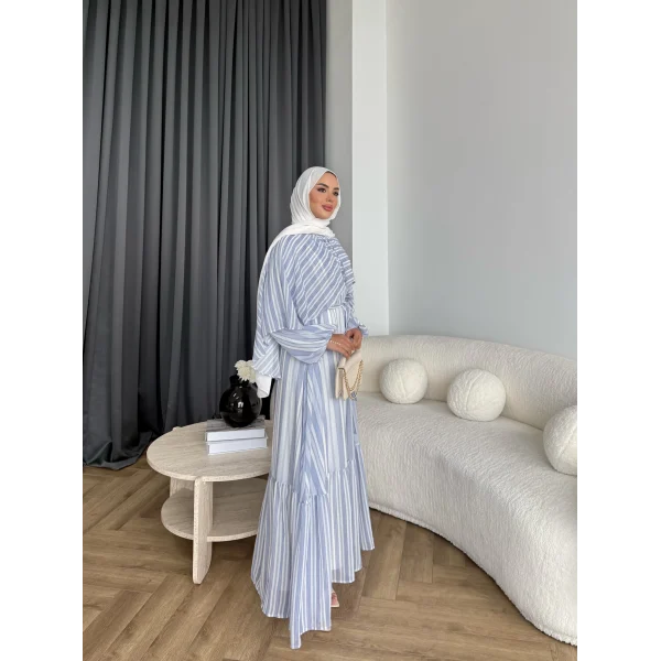 Fuş - Liya Çizgili Yaka Detay Elbise - Mavi