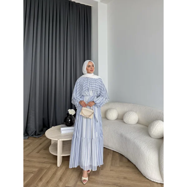 Fuş - Liya Çizgili Yaka Detay Elbise - Mavi